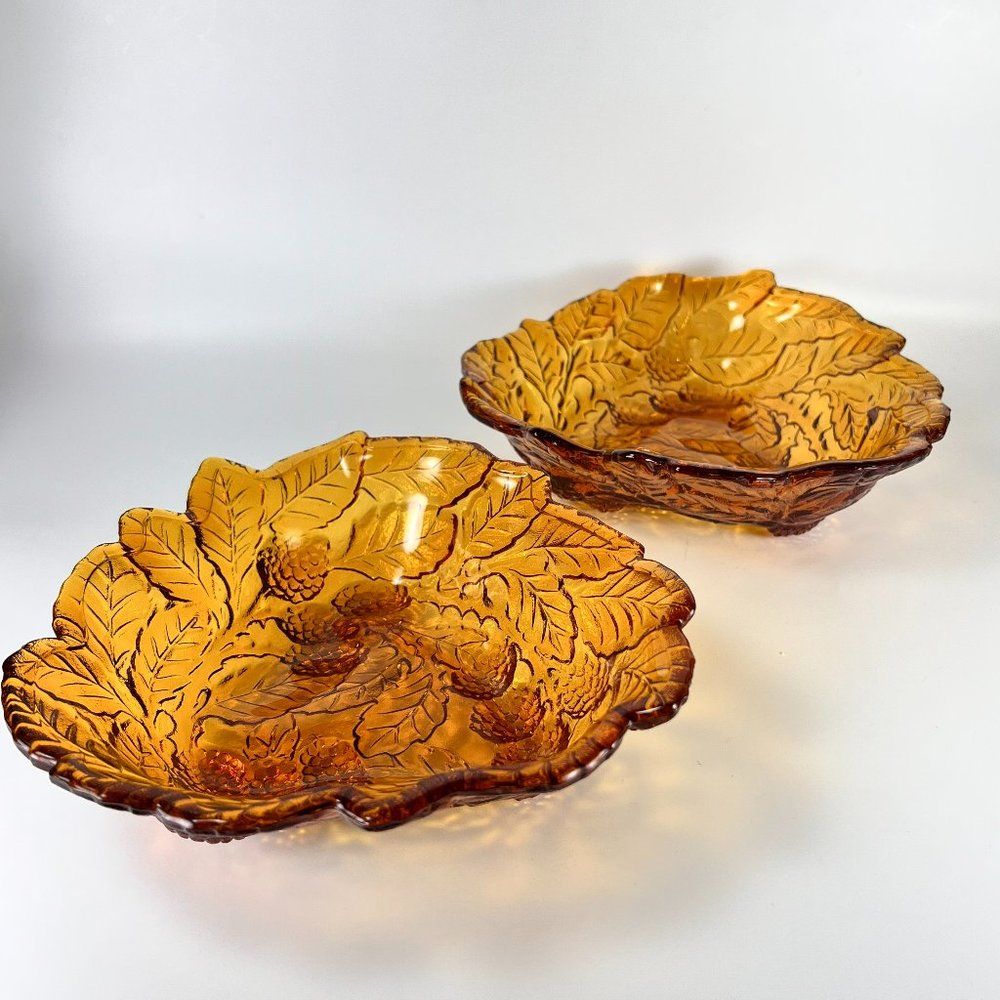Vintage Indiana Glass Candy Dish Bowl Loganberry Amber Berries Leaves Set of 2